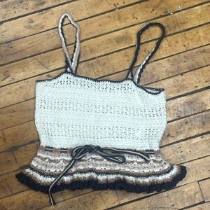 American Eagle Crochet Peplum Cami Ivory Brown Striped Boho Festival Size S